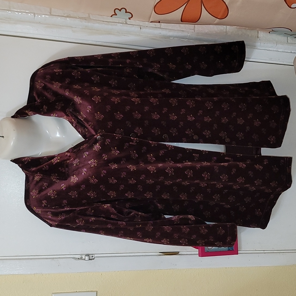 Vintage Button Down Top Medium Partners floral maroon purple velvet B7